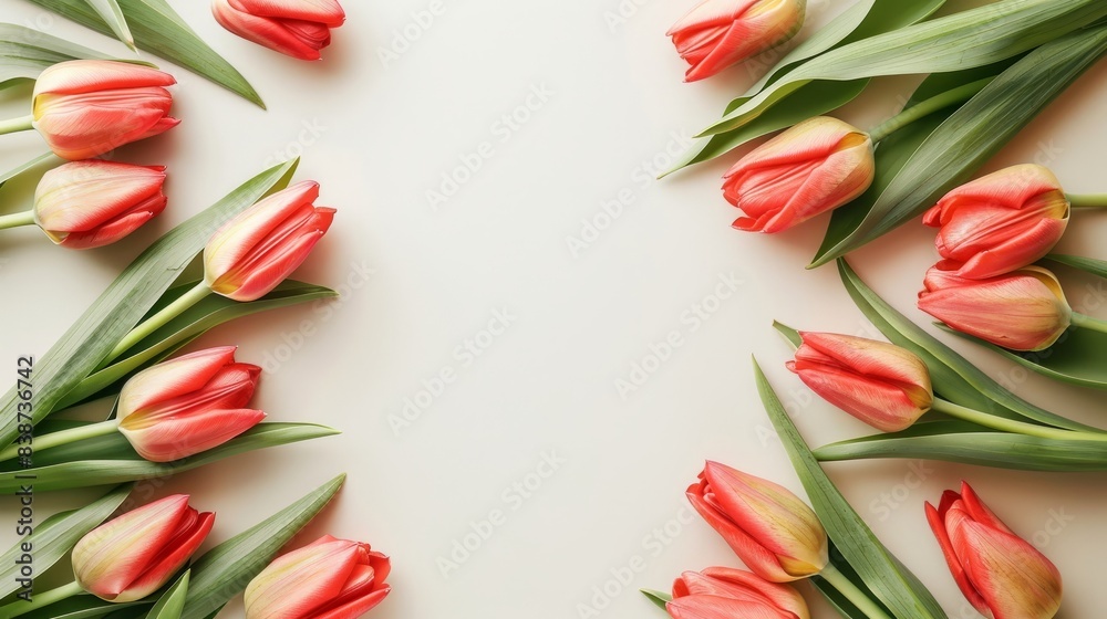 pink and white tulips arranged in a diagonal pattern on a white background, copy space pink and white tulips arranged in a diagonal pattern on a white background, copy space