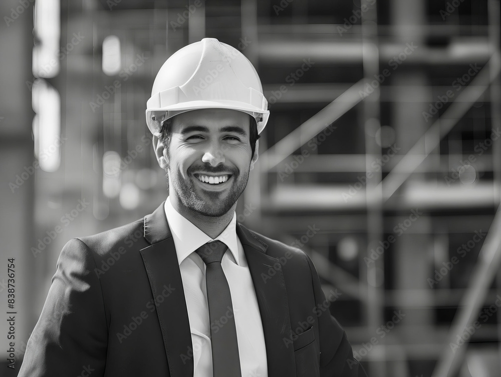 A smiling man in a hard hat standing outside. A smiling man in a hard hat standing outside.