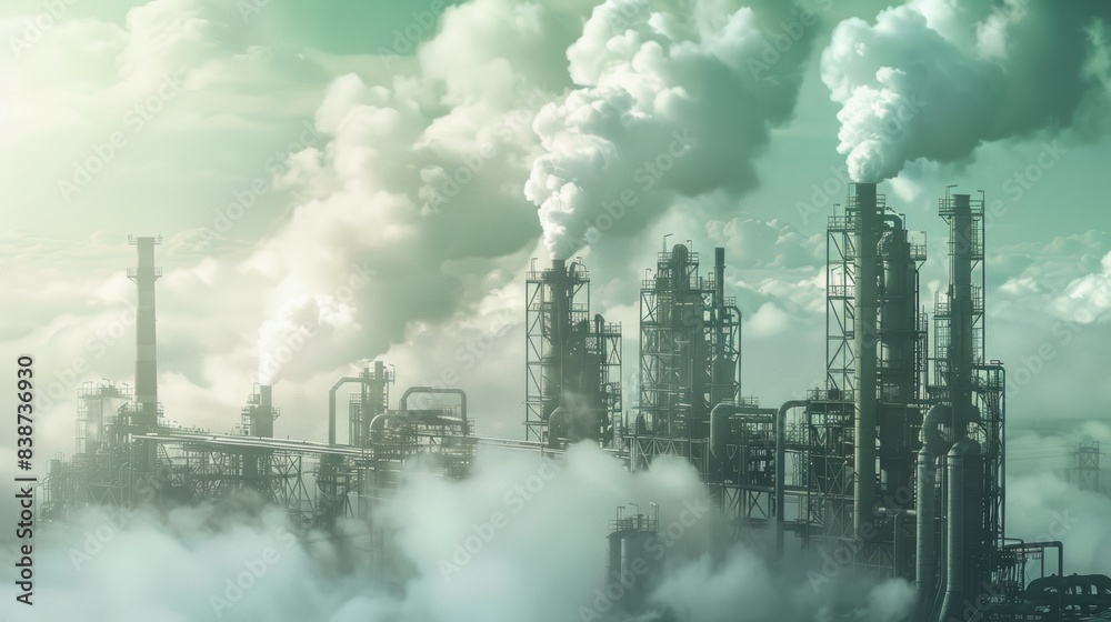 The large factories emitting clouds of steam or smoke into the atmosphere. The environment looks hazy, likely due to the emissions, and the structures are surrounded by thick clouds. The large factories emitting clouds of steam or smoke into the atmosphere. The environment looks hazy, likely due to the emissions, and the structures are surrounded by thick clouds.