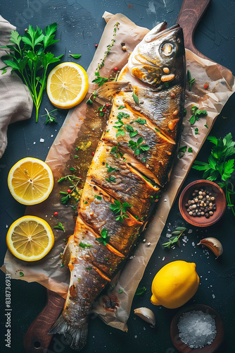 Branzino al Forno with lemon and herbs, on a stylish dining table. photo