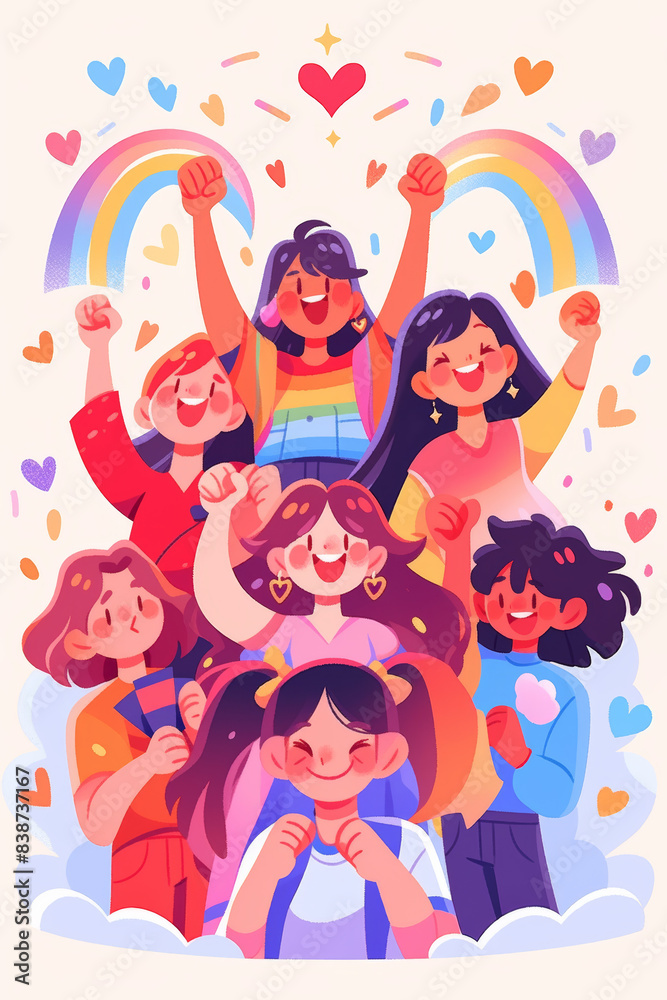 LGBT community celebration Pride month with them child , Asian gay, Indian, daddy, gay and lesbian relationship. Rainbow and Pride element with white background.	
