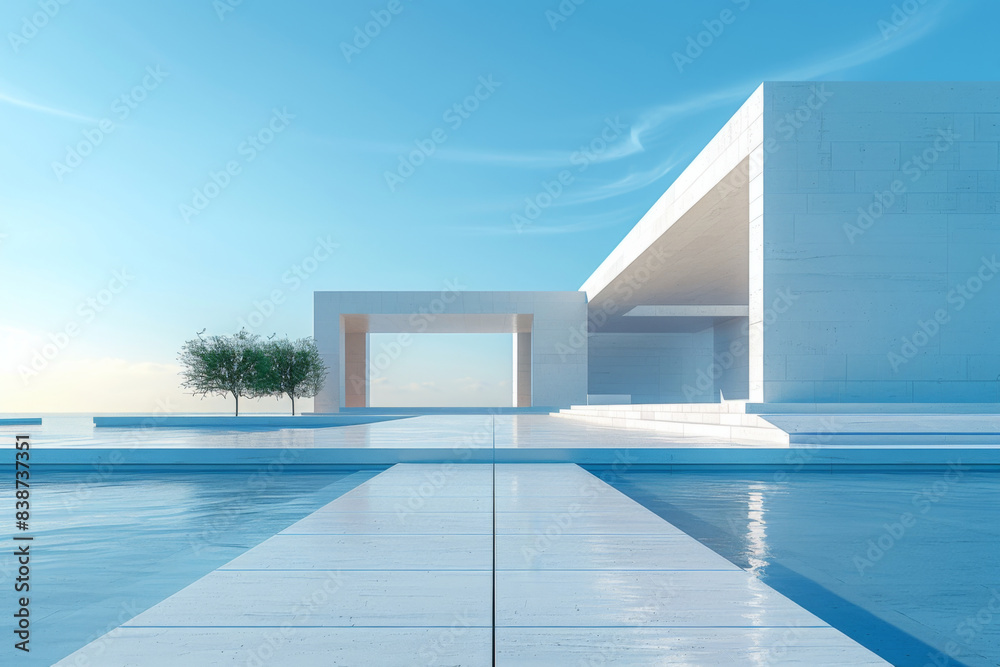 White Building on a blue sky backdrop.Modern concrete architecture.
White Building on a blue sky backdrop.Modern concrete architecture.