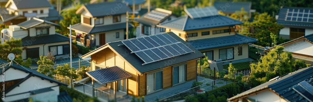 A Miniature Model of a House with Solar Panels on the Roof, a Photovoltaic System, Illuminated in the Style of the Lights Inside the Home, from a Top View, with a City Background. A Miniature Model of a House with Solar Panels on the Roof, a Photovoltaic System, Illuminated in the Style of the Lights Inside the Home, from a Top View, with a City Background.