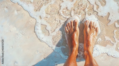 Fototapeta Naklejka Na Ścianę i Meble -  Woman's bare feet on beach sand with wave foam.