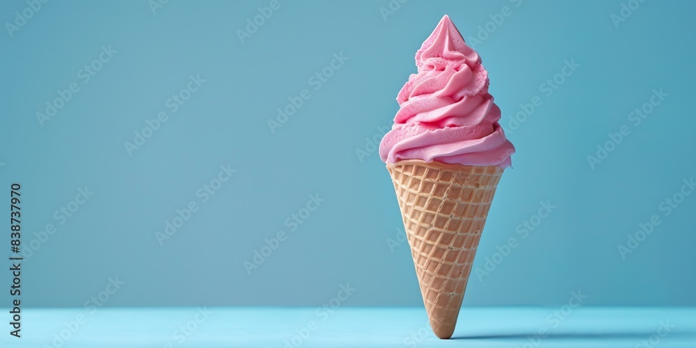 Pink soft serve ice cream cone against blue background dessert sweet treat food Pink soft serve ice cream cone against blue background dessert sweet treat food