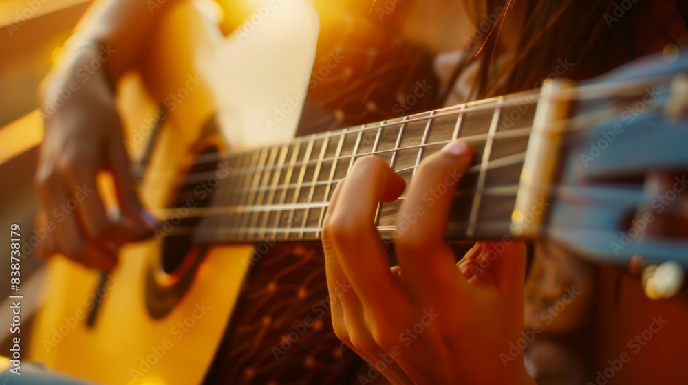 Obraz premium Female guitarist's hand strumming an acoustic guitar.