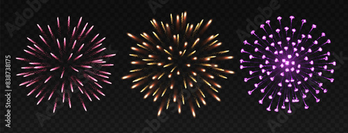 Festive fireworks in night sky realistic vector illustration set. Awe explosions for holiday event 3d elements on transparent background