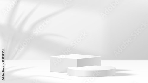 Minimal product display with palm leaf shadow realistic vector illustration. Empty promo podium in showroom 3d object on white background