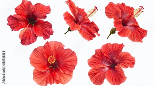 Set of tropical red hibiscus flowers on white background  