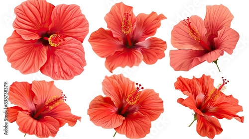 Set of tropical red hibiscus flowers on white background 