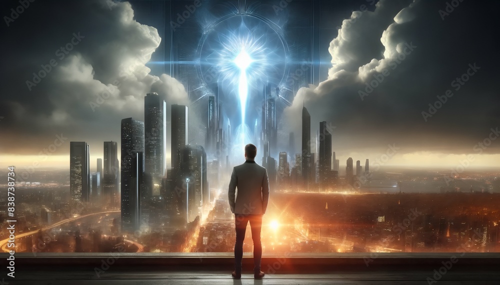 A lone man stands atop a skyscraper, gazing toward a radiant portal above a sprawling futuristic city. A lone man stands atop a skyscraper, gazing toward a radiant portal above a sprawling futuristic city.