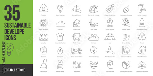 Sustainable Development icon set in line style. Sustainable Development icon set in line style symbol sign for apps and website and infographic vector illustration.