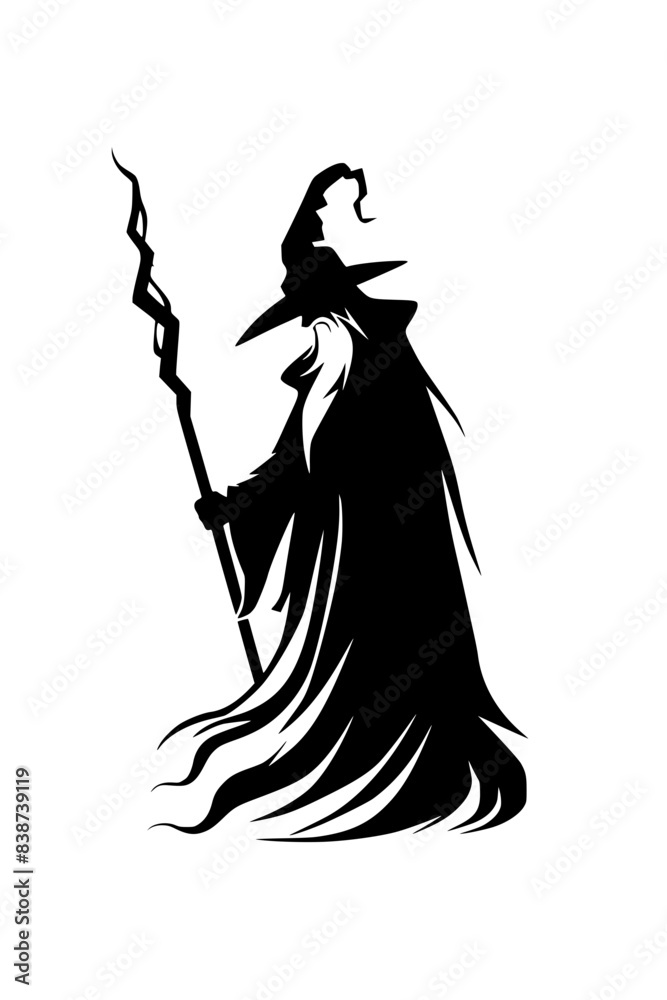 Silhouette of Witch with Magic Staff, Black and white silhouette of a witch holding a magical staff, evoking mystery and fantasy themes. Silhouette of Witch with Magic Staff, Black and white silhouette of a witch holding a magical staff, evoking mystery and fantasy themes.