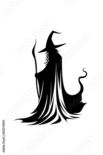 Silhouette of Witch with Magic Staff, Black and white silhouette of a witch holding a magical staff, evoking mystery and fantasy themes.