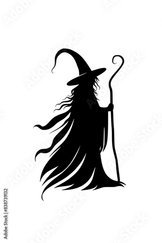 Silhouette of Witch with Magic Staff, Black and white silhouette of a witch holding a magical staff, evoking mystery and fantasy themes.