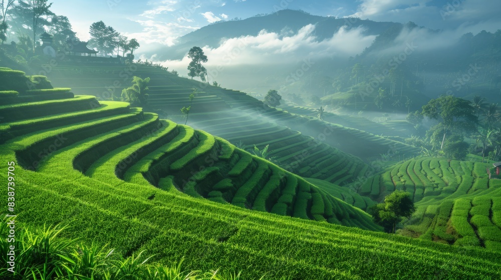 A lush green hillside with a misty, cloudy sky A lush green hillside with a misty, cloudy sky