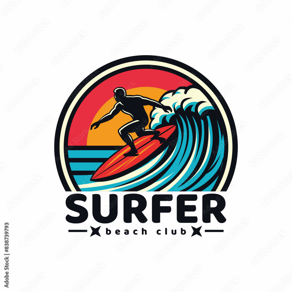 Fototapeta premium surfer logo with a combination of a man, waves, beach, palm,