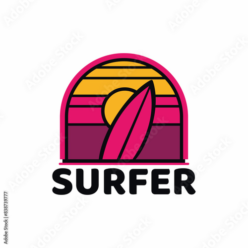 surfer logo with a combination of a man, waves, beach, palm,