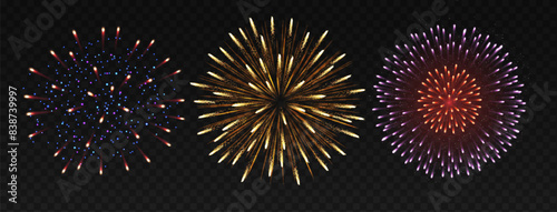 Festive fireworks in night sky realistic vector illustration set. Awe explosions for holiday event 3d elements on transparent background