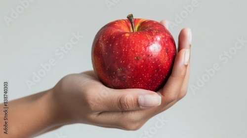 Human hand holding a red apple close up isolated against a neutral background.