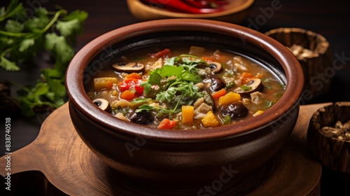 Traditional Vegetable Soup In A Terracotta Pot Garnished With Parsley. Generative AI © Valeriy