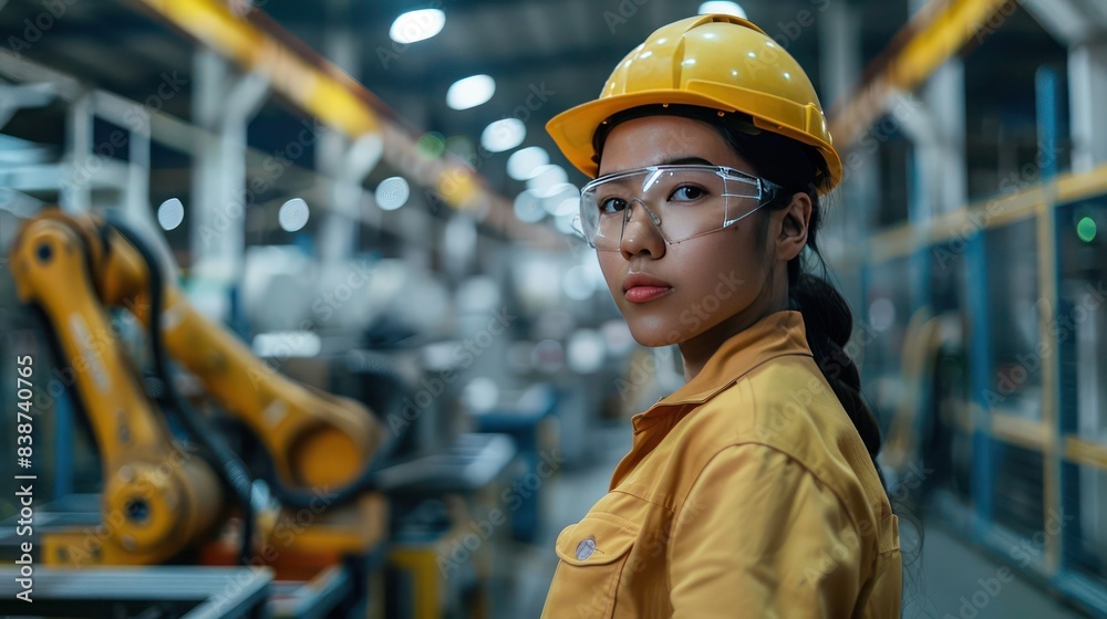 Indigenous plant operator overseeing machinery in a high-tech factory, with robotic arms and automated systems, Industrial, High-tech Indigenous plant operator overseeing machinery in a high-tech factory, with robotic arms and automated systems, Industrial, High-tech