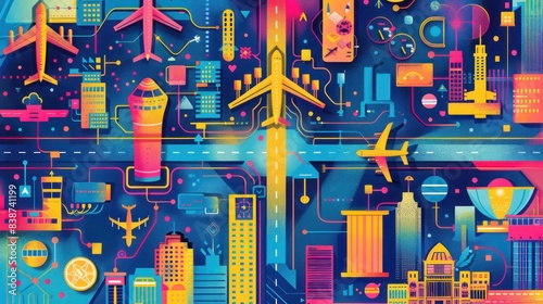 A colorful pop art infographic detailing airport services, including food, shopping, and transport connections, Pop Art, Vibrant