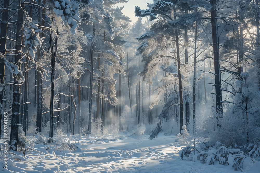 Serene Winter Wonderland in a Snow-Covered Forest at Dawn, Generative Ai Serene Winter Wonderland in a Snow-Covered Forest at Dawn, Generative Ai