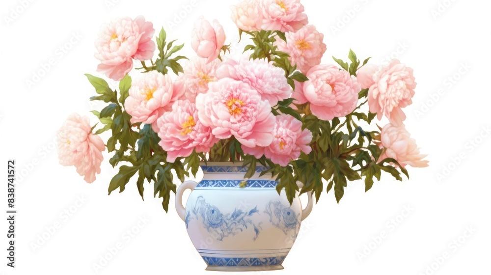 Obraz premium Peonies in beautiful pot, indoor, isolate photo stock, white background, no shadow, no logo