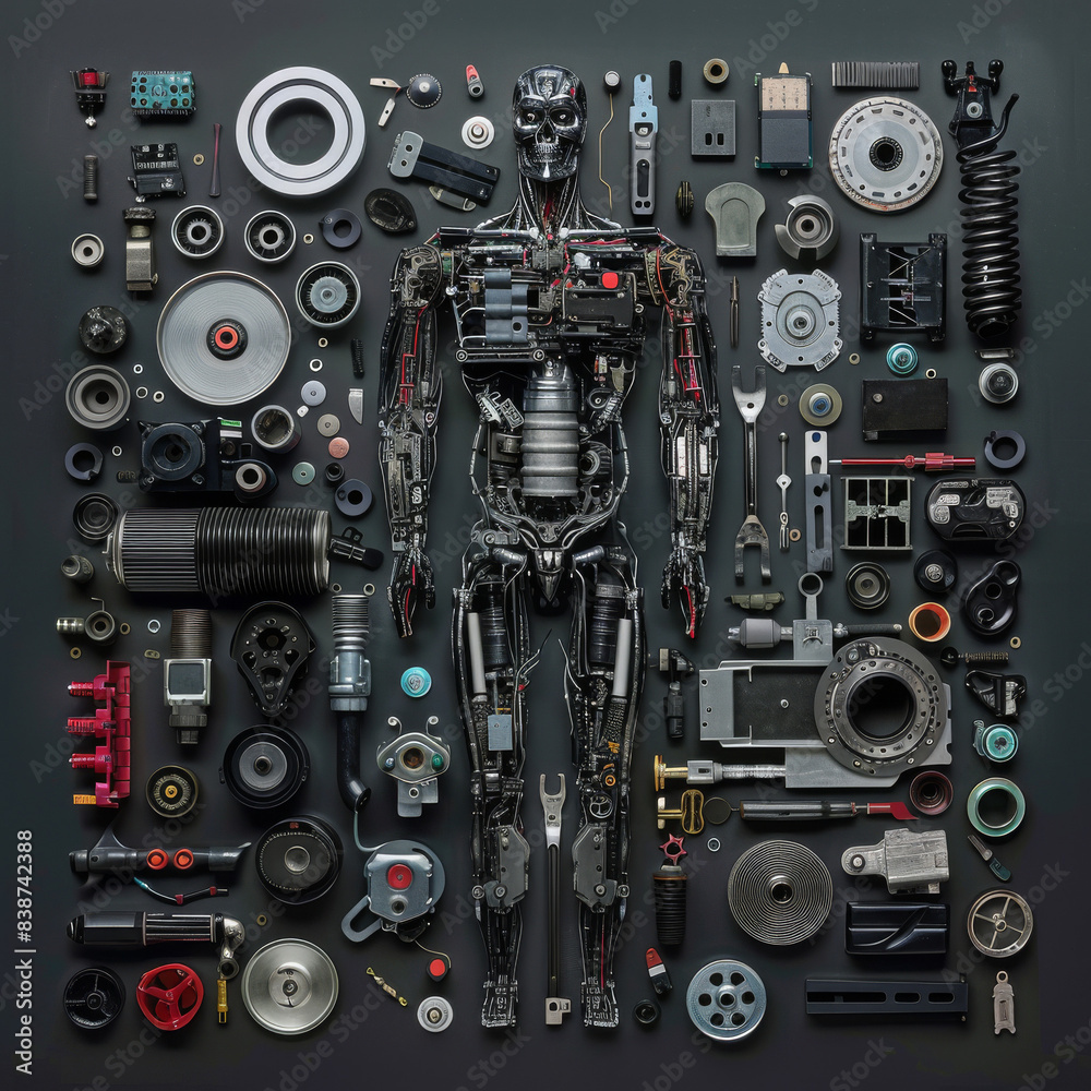 Fototapeta premium knolling of human like robot with auto parts 