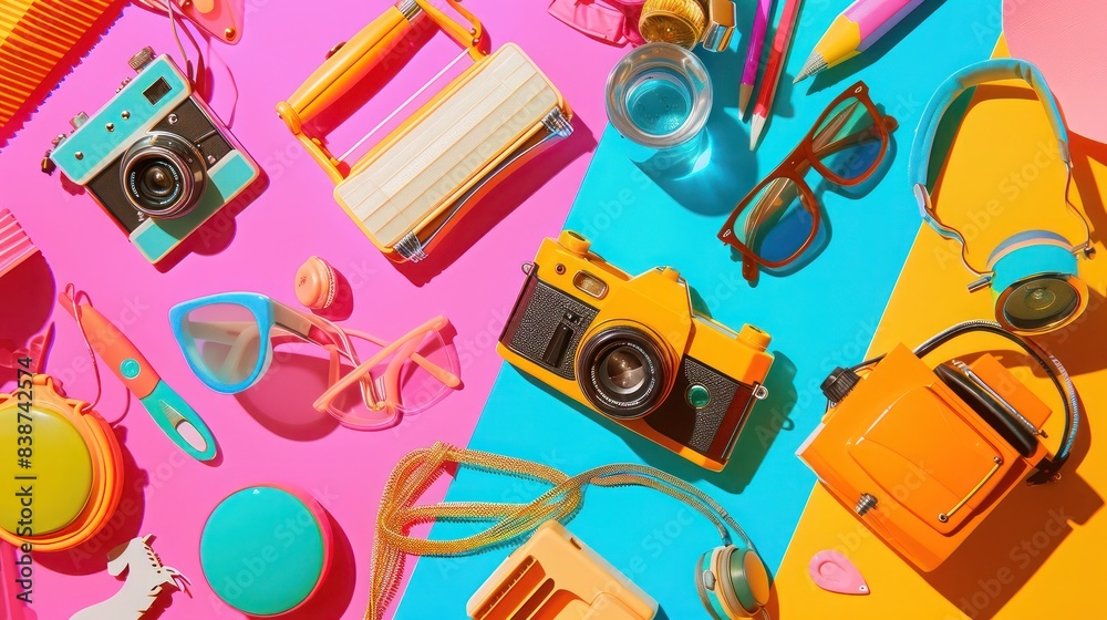Collection of random items, half illustrated, half realistic, vivid colors, contrasting aesthetics, modern