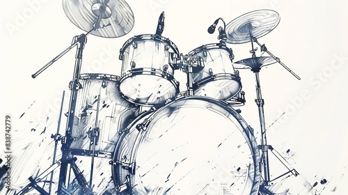 Dynamic worms-eye perspective of a drum kit, intricately hand-drawn sketch, clean lines, stark white backdrop