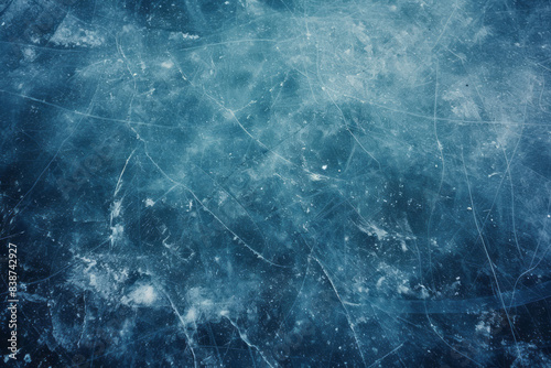 A close-up view of the frozen surface of an ice rink, a grungy texture, dark sky-blue color, a smokey background, and a chalky effect.