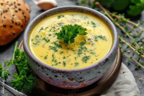 A beautiful yellow creamy soup of broccoli, garnished with parsley, garlic, onion, sage, rosemary, and parsley,.