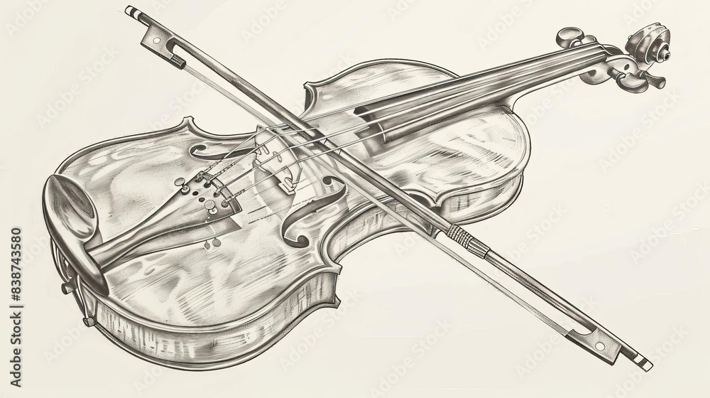 Obraz premium Elegant violin from a birds-eye perspective, hand-drawn, monochrome engraved vintage sketch style, exquisite detail in strings and body, classic and timeless artistic rendering