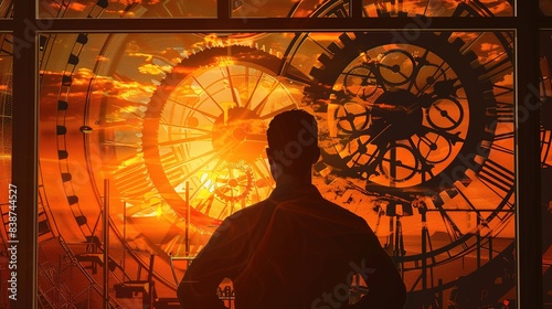 Concept of circadian rhythms and their importance to human health, represented by a silhouette against mechanical gears and sunlight through a window. Generated AI.