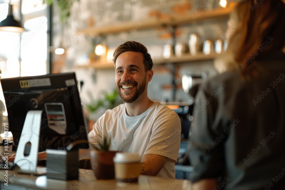 Obraz premium Business owners receive positive feedback from customers with warm smiles.
