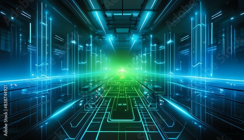 A futuristic tunnel pulses with neon blue and green lights, intricate circuitry patterns lining its reflective walls. The image evokes a sense of technological advancement and digital immersion.
