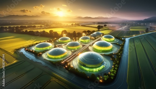 A network of gleaming geodesic domes nestled among lush greenery, powered by wind turbines under a golden sunset.  photo