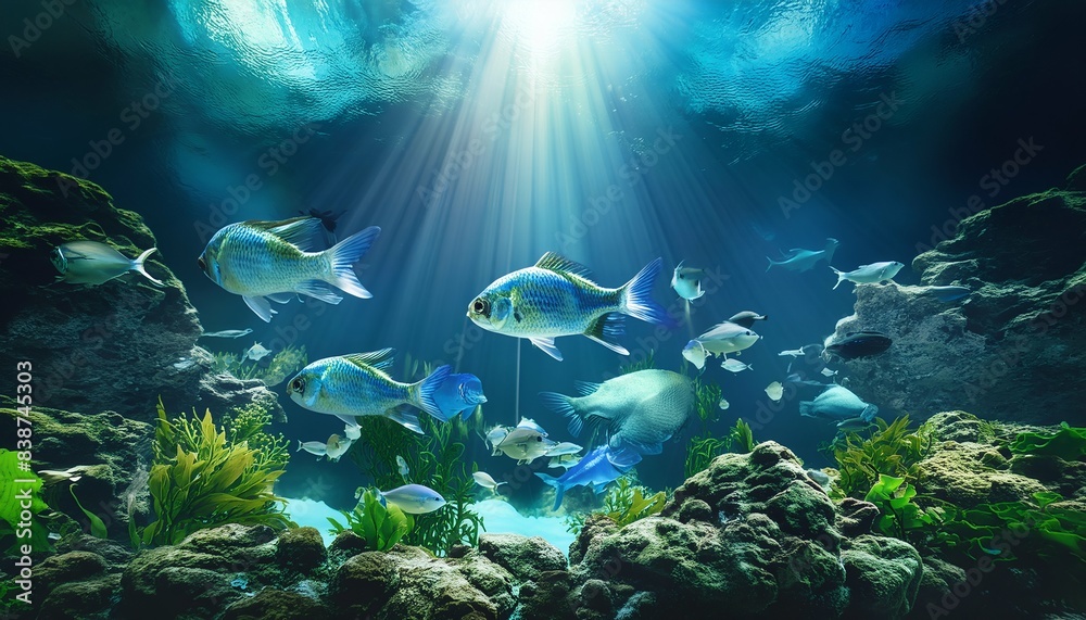 A school of fish swims through a sunlit underwater seascape. Beams of light illuminate the turquoise water, creating a serene and magical atmosphere.