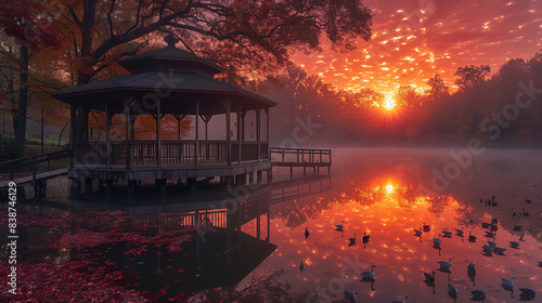 Lakeside pavilion, rising sun, lake reflecting red dawn