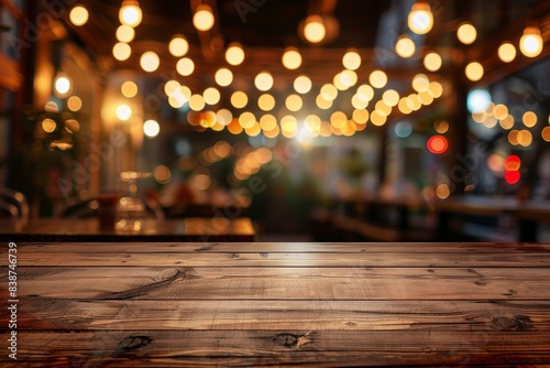 wooden table in front of abstract blurred background of restaurant lights. generative ai © FDStock