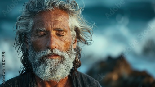 Gray Waves of Calm: Meditating Man on Ocean Shore