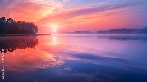Serene view of a lake with sunset background, Generative Ai
