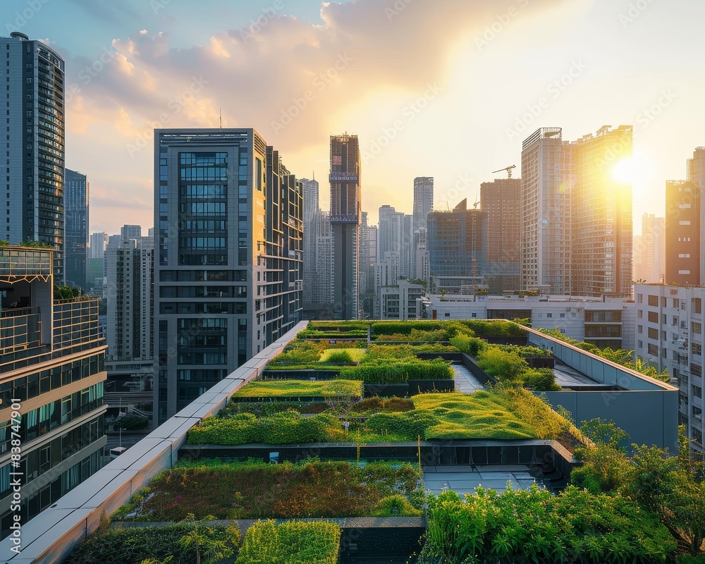 A cityscape with rooftop gardens featuring urban green spaces Highlight the role of increasing green areas in urban settings to combat global warming