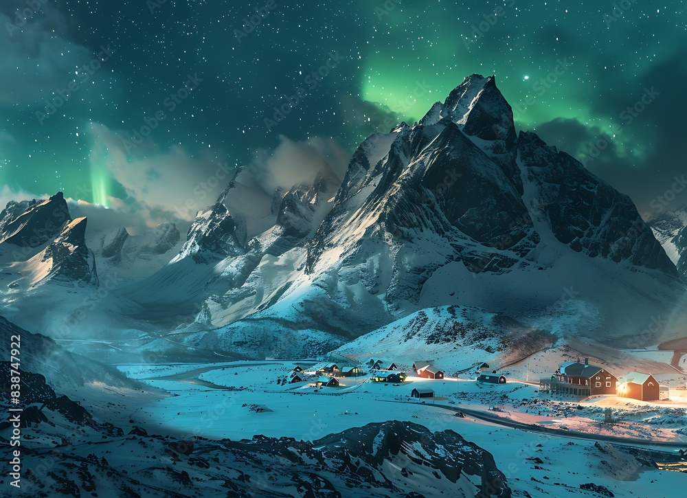 Beautiful northern lights over the snowy mountains in Lofoten, Norway ...