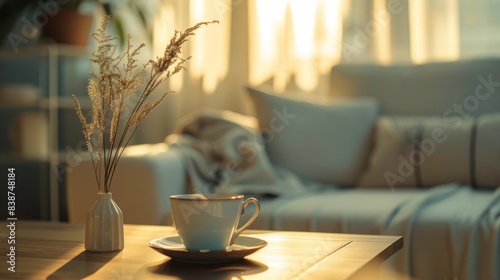 A cozy living room with a cup of coffee and dried flowers on a wooden table, bathed in soft morning light through sheer curtains.