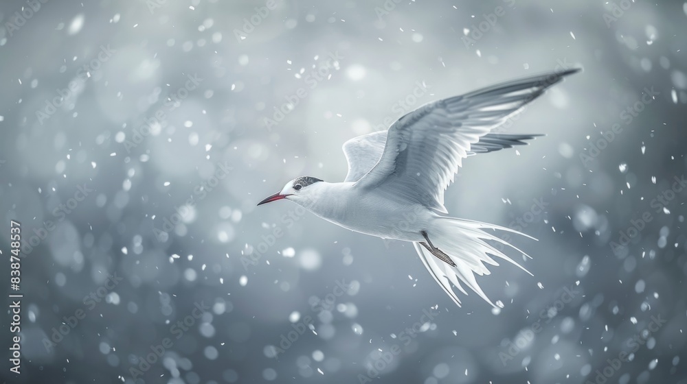Fototapeta premium A photograph of an Arctic tern, swift and agile, navigating through a snowstorm in the North Pole, with snowflakes blurring the background and adding a sense of motion. The tern's white and grey