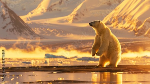 A photograph of a polar bear, standing on its hind legs, side view, North Pole. Majestic glaciers and mountains in the background. Golden hour light casting long shadows and warm highlights. Created photo