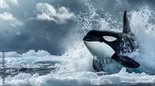 A photograph of an orca, powerful and imposing, breaking through the ice in the North Pole with dramatic splashes, against a backdrop of an endless expanse of ice and snow. Stormy skies overhead,